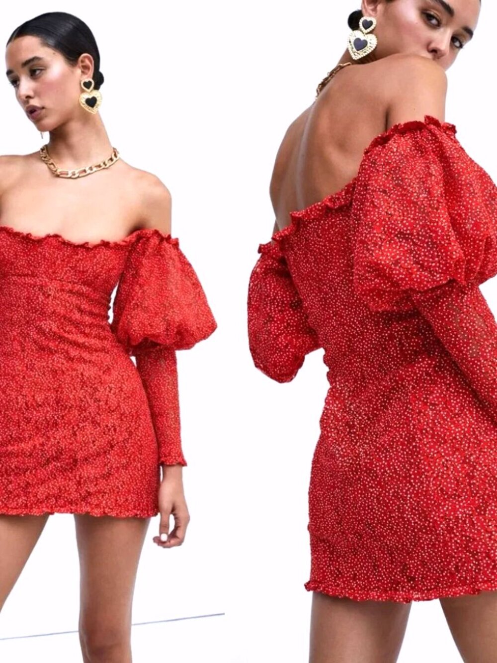 For Love And Lemons Clarisse Red & White Polkadot Mini Dress Off Shoulder XS